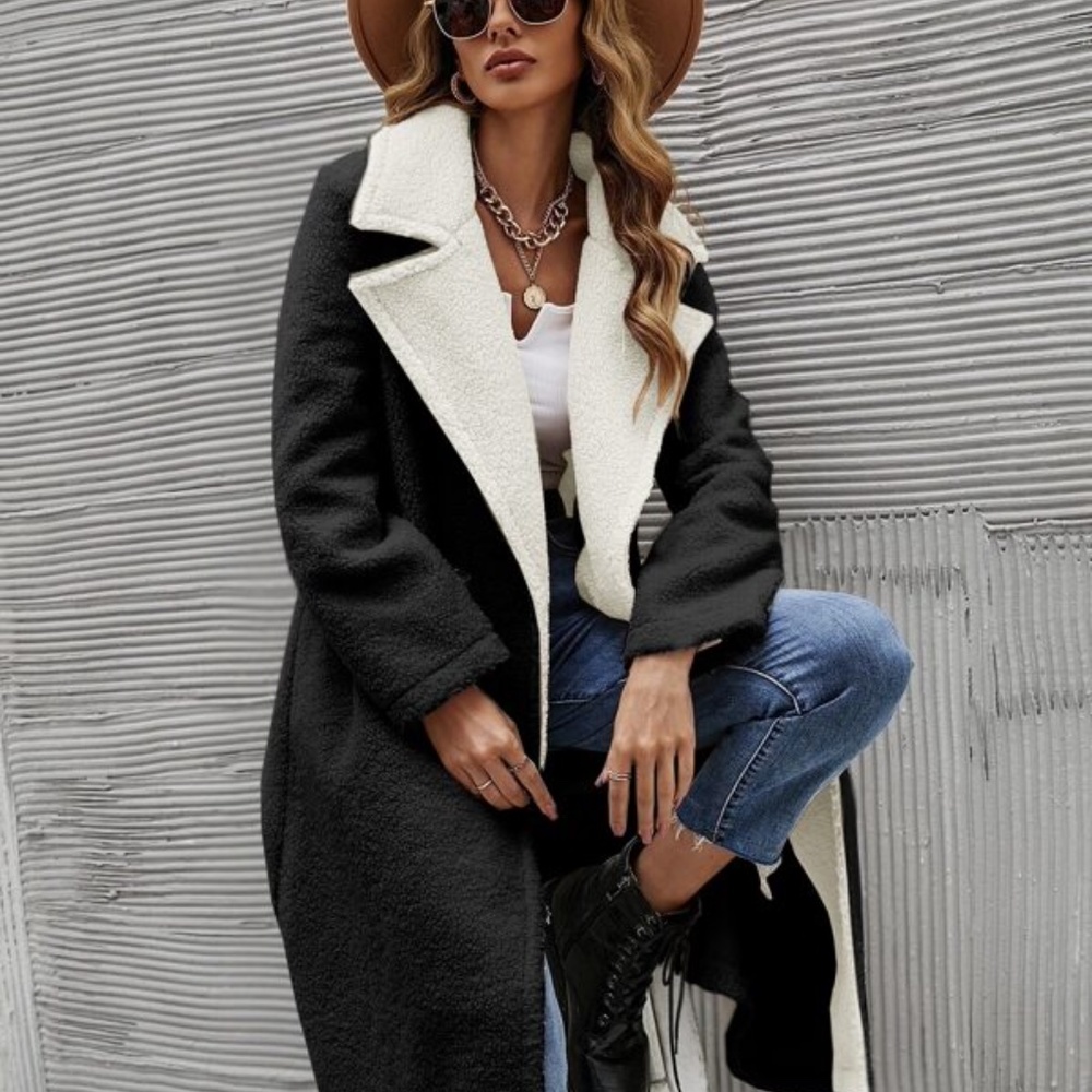 Cozy Black Teddy Long Coat Jacket Minimalist - Picture 7 of 13